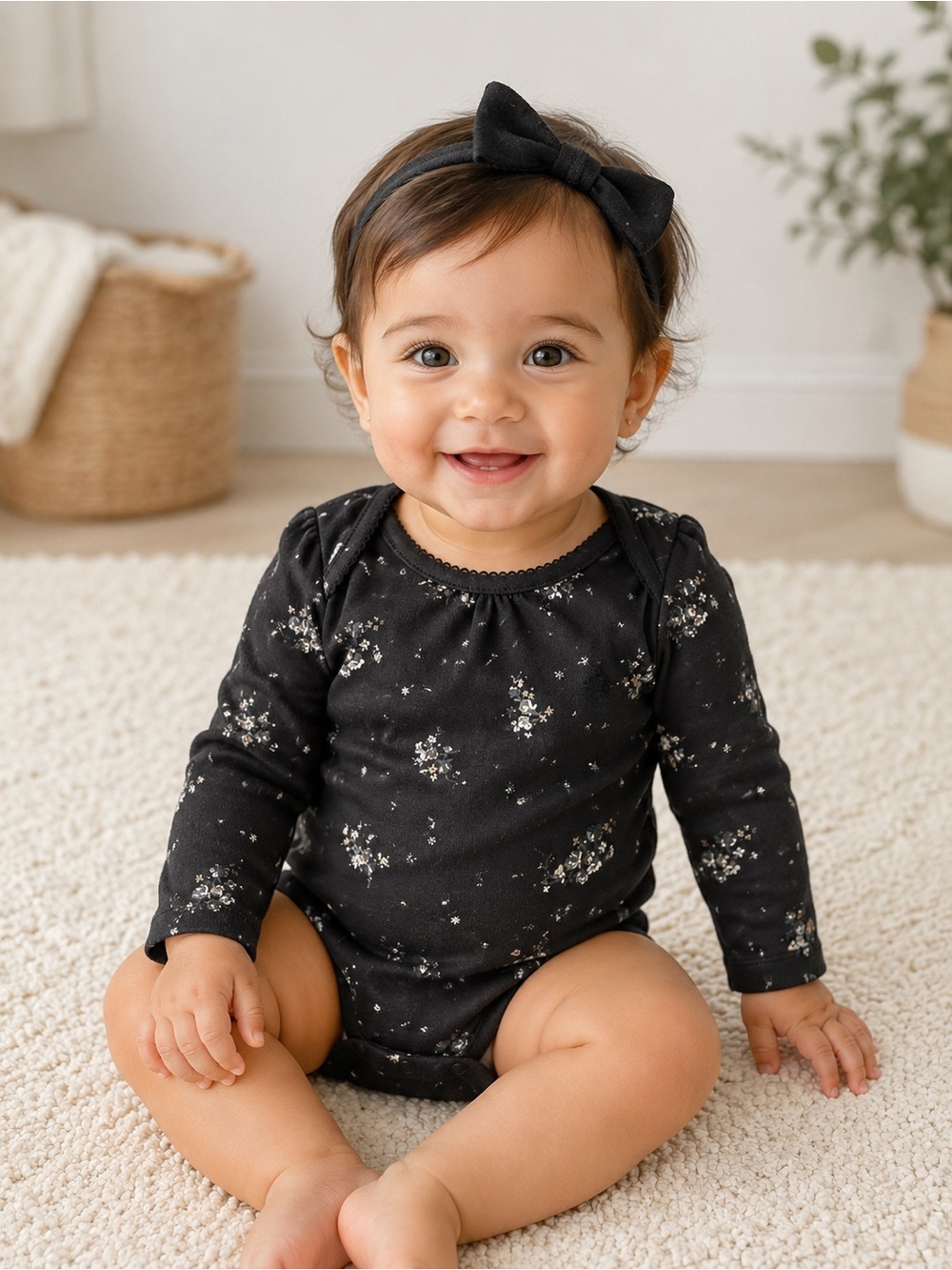 GAP Baby Floral Long-Sleeve Bodysuit with Bear Detail Size 12-18 months